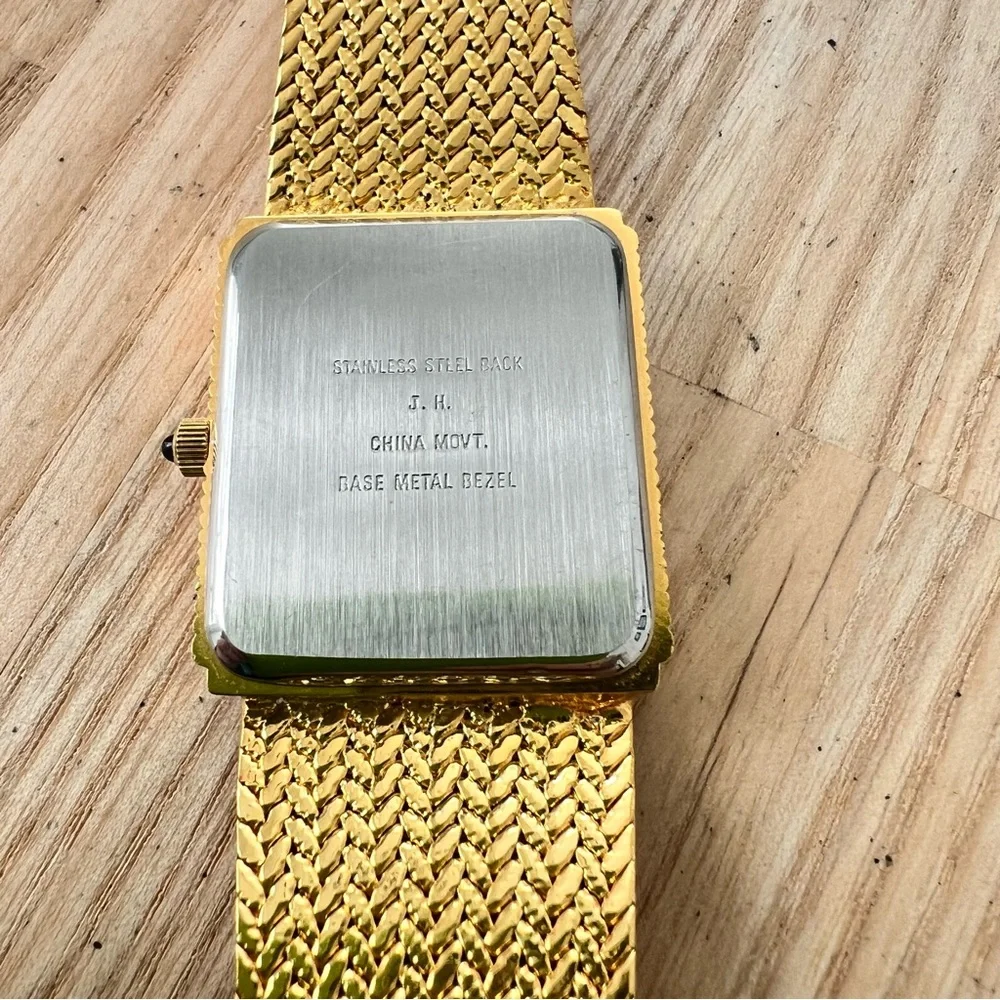 Vintage style Xavier mens rectangular gold tone dress watch NEW BATTERY